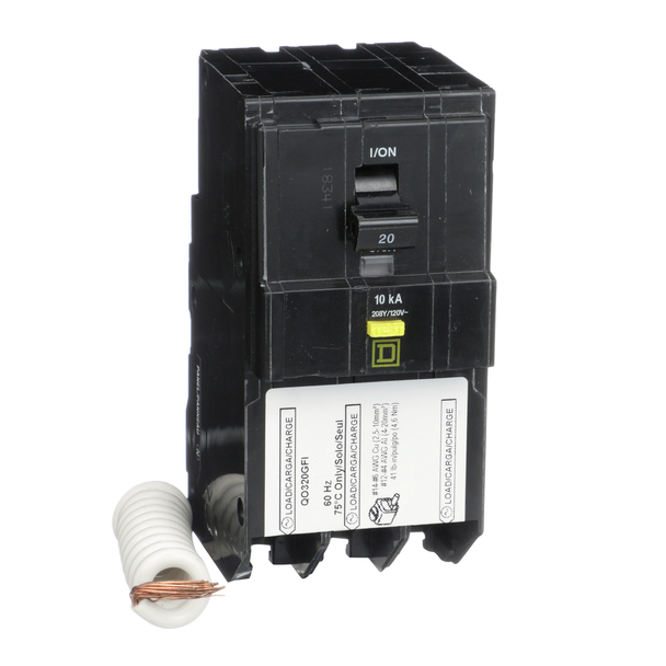 Schneider Electric QO320GFI Mini circuit breaker, QO, 20A, 3 pole, 208Y/120VAC, 10kA, plug in, 6mA grd fault A, pigtail