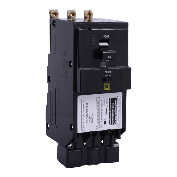 Schneider Electric QOB315EPE5237 Mini circuit breaker, QO, 15A, 3 pole, 240VAC, 10kA, bolt on, 100mA grd fault B, ring