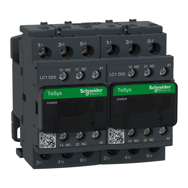 Schneider Electric LC2D25G7V IEC contactor, TeSys Deca, reversing, 25A, 15HP at 480VAC, 3 phase, 3 pole, 3 NO, 120VAC 50/60Hz coil, open style