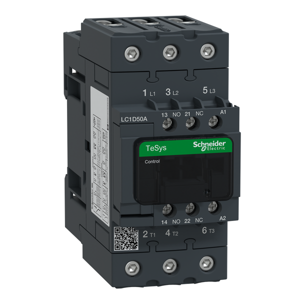 Schneider Electric LC1D50AFE7 IEC contactor, TeSys Deca, nonreversing, 50A, 40HP at 480VAC, up to 100kA SCCR, 3 phase, 3 NO, 115VAC 50/60Hz coil, open