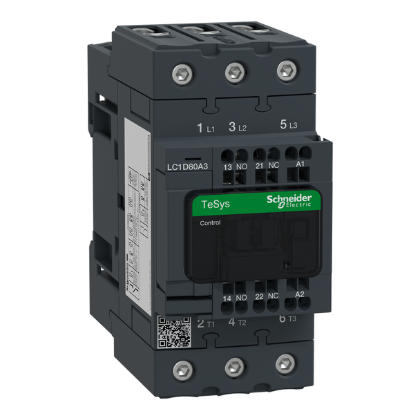 Schneider Electric LC1D80A3P7 IEC contactor, TeSys Deca, nonreversing, 80A, 40HP at 480VAC, 3 phase, 3 pole, 3 NO, 230VAC 50/60Hz coil, open style