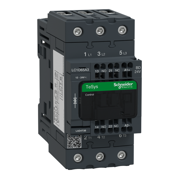 Schneider Electric LC1D65A3BD IEC contactor, TeSys Deca, nonreversing, 65A, 40HP at 480VAC, 3 phase, 3 pole, 3 NO, 24VDC coil, open style