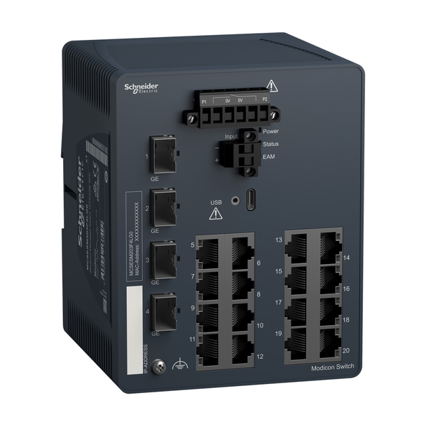 Schneider Electric MCSESM203F4LG0 network switch, Modicon Networking, managed, 16 ports for copper with 4Gigabit SFP