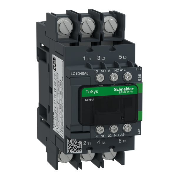 Schneider Electric LC1D40A6BBE IEC contactor, TeSys Deca, nonreversing, 40A, 30HP at 480VAC, 3 phase, 3 pole, 3 NO, 24VDC coil, open style