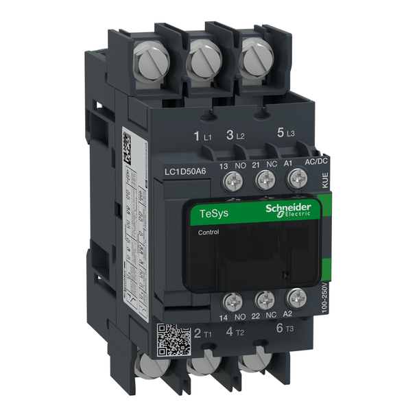 Schneider Electric LC1D50A6KUE IEC contactor, TeSys Deca Green, nonreversing, 50A, 40HP at 480VAC, 3 phase, 3 pole, 3 NO, 100/250VAC/VDC coil, open style