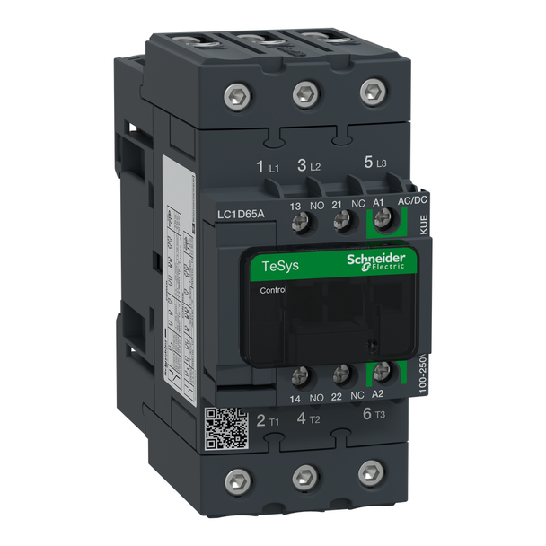 Schneider Electric LC1D65AKUE IEC contactor, TeSys Deca Green, nonreversing, 65A, 40HP at 480VAC, up to 100kA SCCR, 3 phase, 3 NO, 100/250VAC/VDC coil