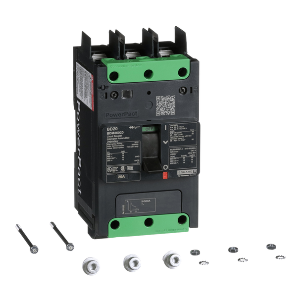 Schneider Electric BDM36020 Circuit breaker, PowerPacT B, 20A, 3 pole, 600Y/347VAC, 14kA, lugs, thermal magnetic, 80%