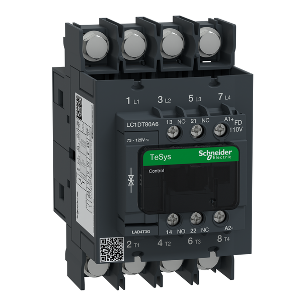 Schneider Electric LC1DT80A6FD IEC contactor, TeSys Deca, nonreversing, 80A resistive, 4 pole, 4 NO, 110VDC coil, open style