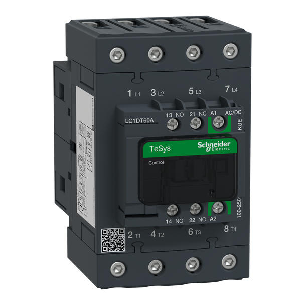 Schneider Electric LC1DT60AKUE IEC contactor, TeSys Deca Green, nonreversing, 60A resistive, 4 pole, 4 NO, 100/250VAC/VDC coil, open style