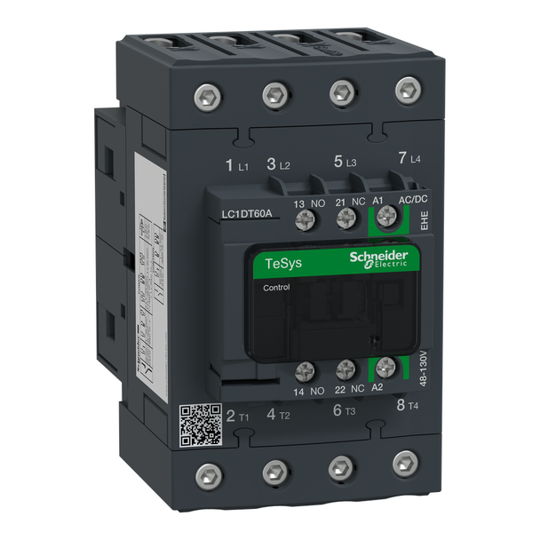 Schneider Electric LC1DT60AEHE IEC contactor, TeSys Deca Green, nonreversing, 60A resistive, 4 pole, 4 NO, 48/130VAC/VDC coil, open style