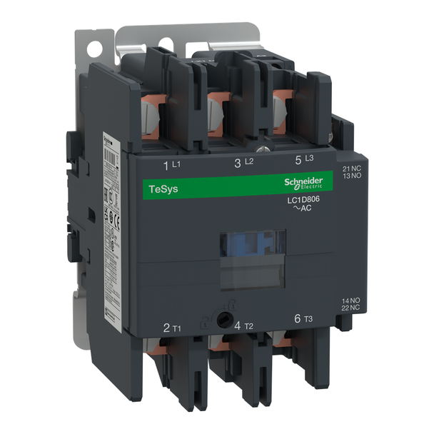 Schneider Electric LC1D806G7 IEC contactor, TeSys Deca, nonreversing, 80A, 60HP at 480VAC, 3 phase, 3 pole, 3 NO, 120VAC 50/60Hz coil, open style