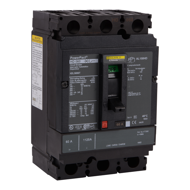 Schneider Electric HDL36060U54X Circuit breaker, PowerPacT H, 60A, 3 pole, 600VAC, 14kA, lugs, Micrologic 6.2E, 80%