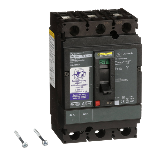 Schneider Electric HGL36040SA Circuit breaker, PowerPacT H, 40A, 3 pole, 600VAC, 18kA, lugs, thermal magnetic, 80%, shunt