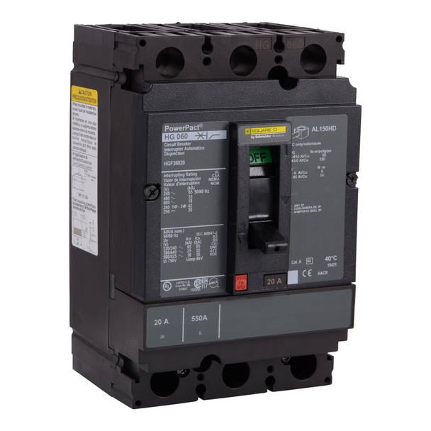 Schneider Electric HGF36045 Circuit breaker, PowerPacT H, 45A, 3 pole, 600VAC, 18kA, busbar, thermal magnetic, 80%