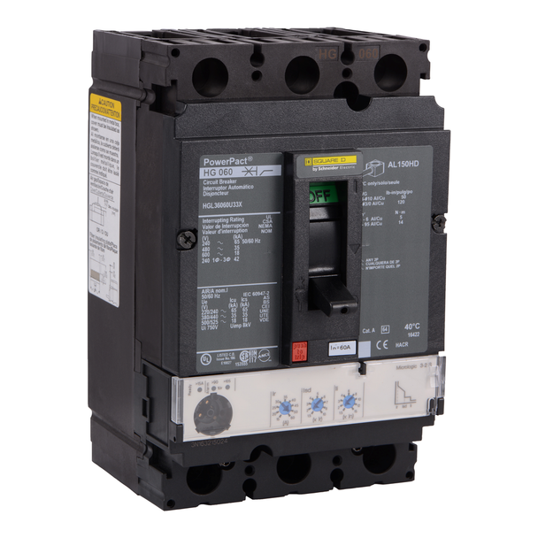 Schneider Electric HGL36060U43X Circuit breaker, PowerPacT H, 60A, 3 pole, 600VAC, 18kA, lugs, Micrologic 5.2A, 80%