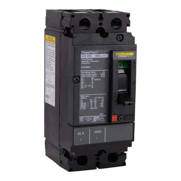 Schneider Electric HGF26100 Circuit breaker, PowerPacT H, 100A, 2 pole, 600VAC, 18kA, busbar, thermal magnetic, 80%