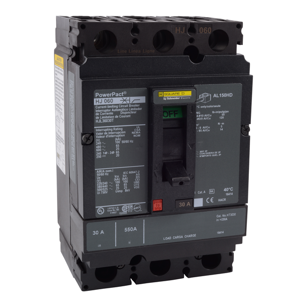 Schneider Electric HJL36030T Circuit breaker, PowerPacT H, 30A, 3 pole, 600VAC, 25kA, lugs, thermal magnetic, 80%, interchangeable trip unit