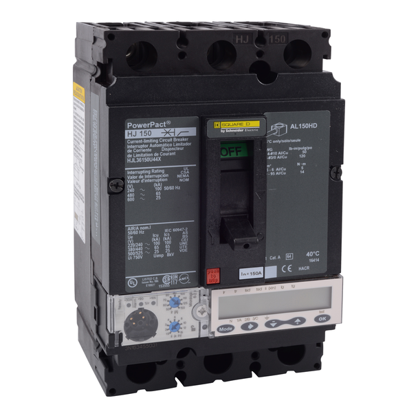 Schneider Electric HJL36150U44X Circuit breaker, PowerPacT H, 150A, 3 pole, 600VAC, 25kA, lugs, Micrologic 6.2A, 80%