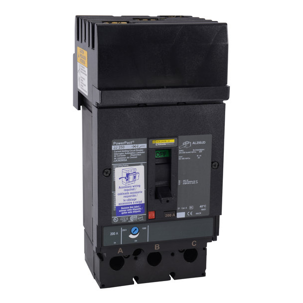 Schneider Electric JJA36225SN Circuit breaker, PowerPacT J, 225A, 3 pole, 600VAC, 25kA, I-Line, thermal magnetic, 80%, ABC, shunt