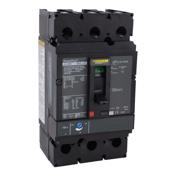 Schneider Electric JJP36150 Circuit breaker, PowerPacT J, 150A, 3 pole, 600VAC, 25kA, lugs, thermal magnetic, 80%