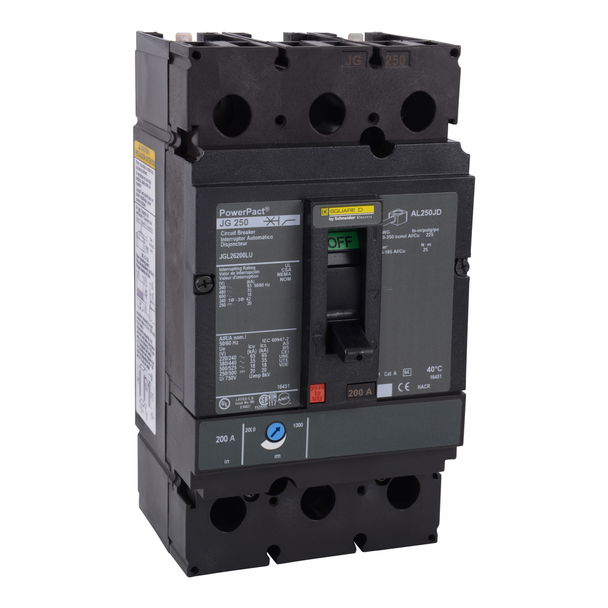 Schneider Electric JGL26200C Circuit breaker, PowerPacT J, 200A, 2 pole, 600VAC, 18kA, lugs, thermal magnetic, 100%