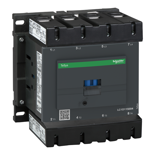 Schneider Electric LC1D115004B7 IEC contactor, TeSys Deca, nonreversing, 200A resistive, 4 pole, 4 NO, 24VAC 50/60Hz coil, open style