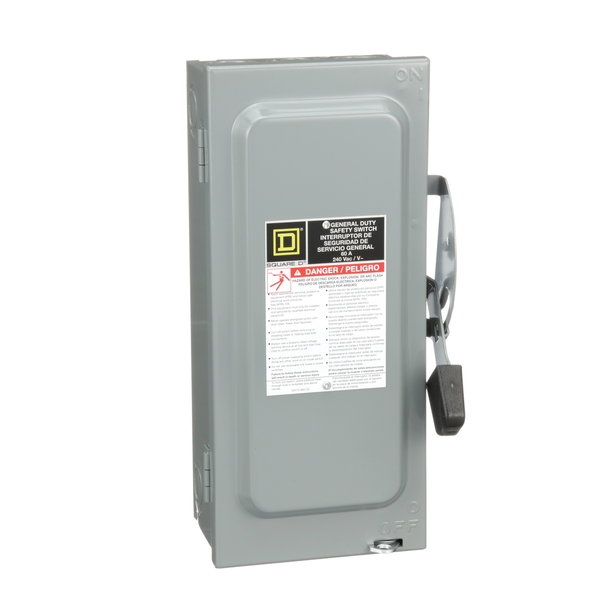 Schneider Electric D222N Safety switch, general duty, fusible, 60A, 2 pole, 15hp, 240VAC, NEMA 1, 3 wire, 1 neutral,