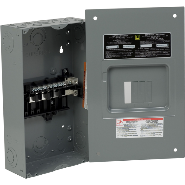 Schneider Electric QO148L125GF Load center, QO, 1 phase, 4 spaces, 8 circuits, 125A fixed main lugs, NEMA1, gnd bar, flush cover