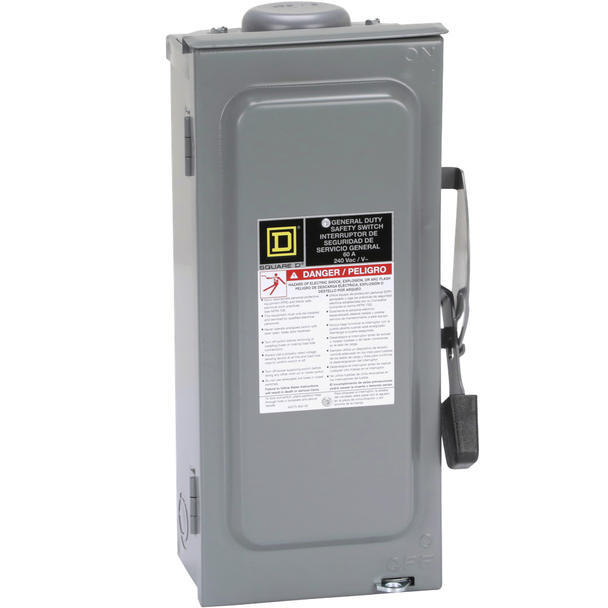 Schneider Electric D322NRB Safety switch, general duty, fusible, 60A, 3 pole, 15hp, 240VAC, NEMA 3R, bolt on provision, neutral factory installed