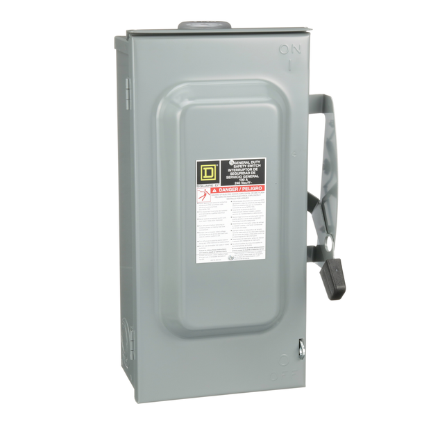 Schneider Electric D223NRB Safety switch, general duty, fusible, 100A, 2 pole, 30hp, 240VAC, NEMA 3R, 3 wire, 1 neutral, bolt on hub provision