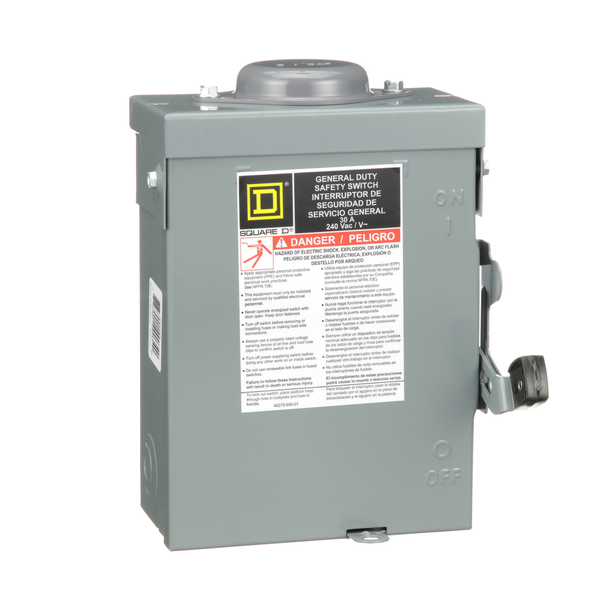 Schneider Electric DU221RB Safety switch, general duty, non fusible, 30A, 2 pole, 3hp, 240VAC, NEMA 3R, bolt on provision