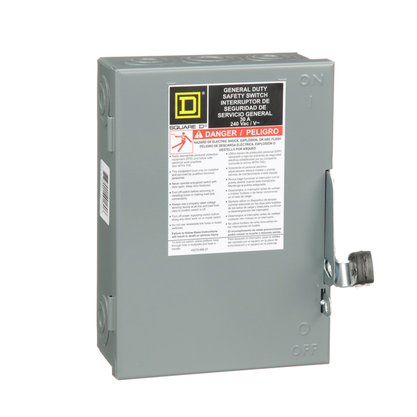 Schneider Electric DU321 Safety switch, general duty, non fusible, 30A, 3 pole, 3 wire, 7.5hp, 240VAC, NEMA 1