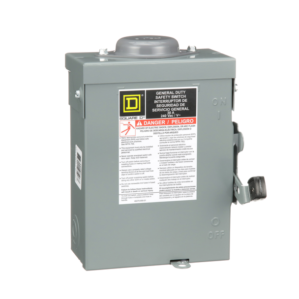 Schneider Electric D321NRB Safety switch, general duty, fusible, 30A, 3 pole, 7.5hp, 240VAC, NEMA 3R, bolt on provision, neutral factory installed