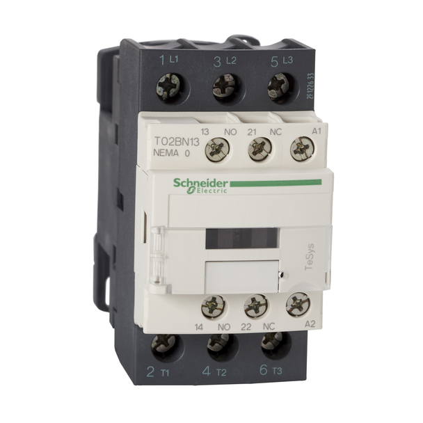 Schneider Electric T02BN13BD Contactor, Tesys N Contactors, nonreversing, 3P, 3phase, 18A, 5HP at 460VAC, NEMA size 0, 24VDC coil, open