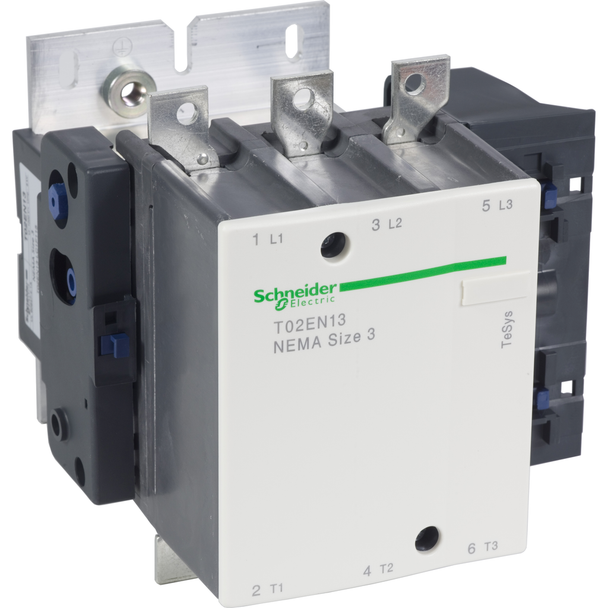 Schneider Electric T02EN13L7 NEMA Contactor, TeSys N, nonreversing, Size 3, 90A, 50HP at 460VAC, 3 pole, 3 phase, 208VAC 50/60Hz coil, open