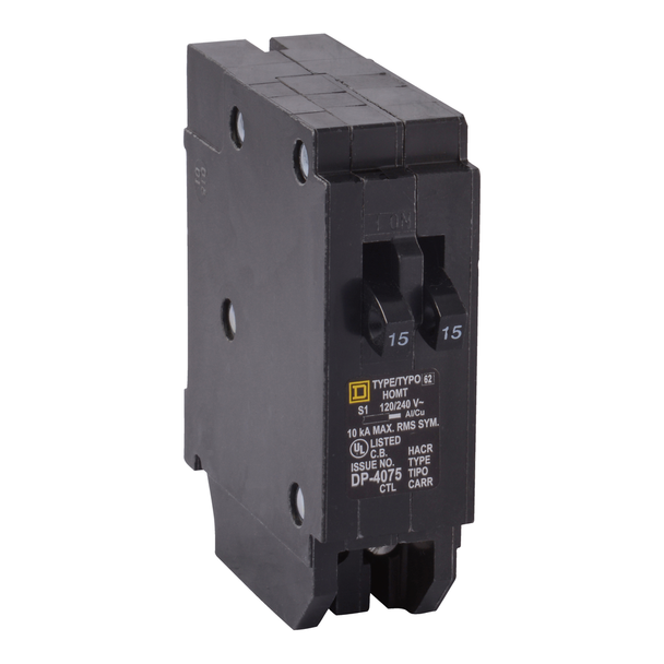 Schneider Electric HOMT1520CP Tandem circuit breaker, Homeline, 1 x 1 pole at 15A, 1 x 1 pole at 20A, 120/240VAC, 10kA AIR, plug in, UL