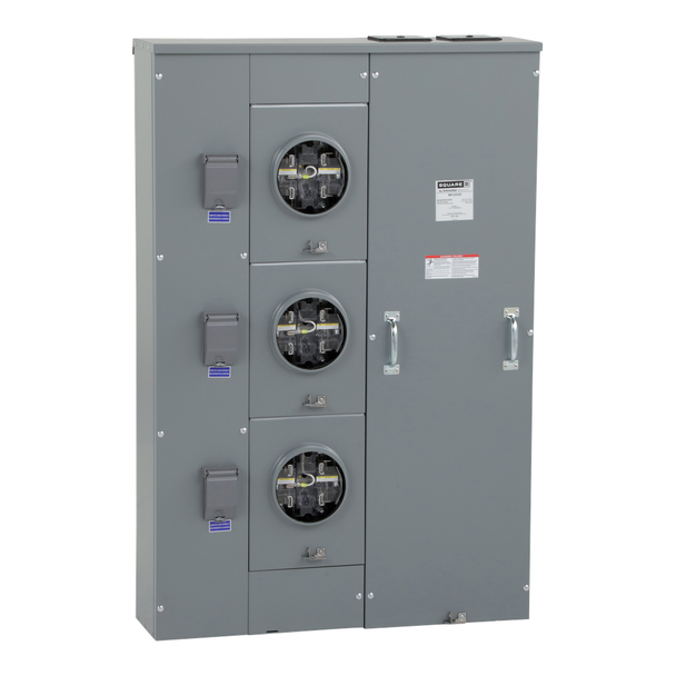 Schneider Electric MPL53225 Meter center, MP Meter-Pak, 3 sockets, lever bypass, jaw release, 5 jaws, 500A bus, 225A max breaker rating, ringless