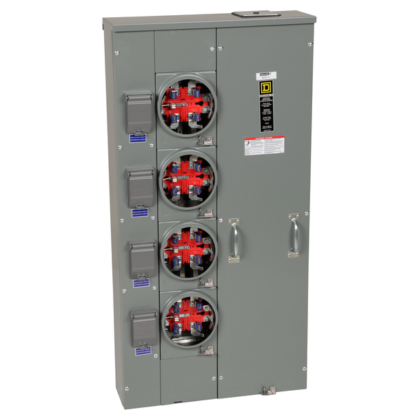 Schneider Electric MPH44125 Meter center, MP Meter-Pak, 4 sockets, horn bypass, 5 jaws, 400A bus, 125A max breaker rating, ringless