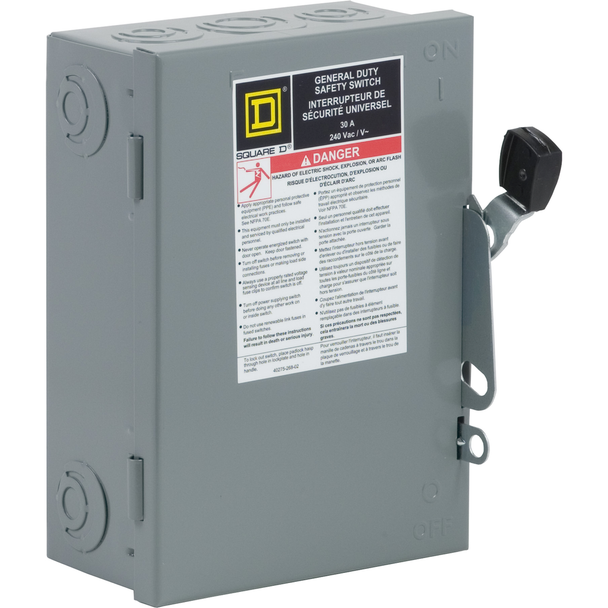 Schneider Electric CD221N Safety switch, general duty, fusible, 30A, 120/240 VAC, 2 poles, 7.5 hp, solid neutral, NEMA 1