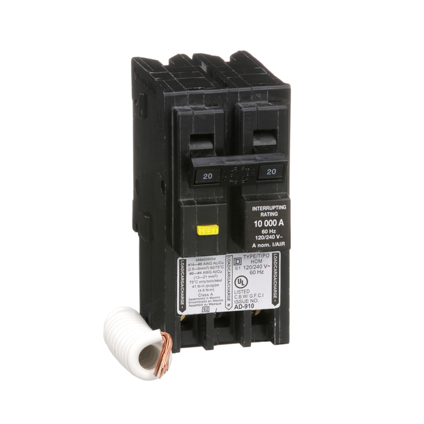 Schneider Electric HOM220GFI Mini circuit breaker, Homeline, 20A, 2 pole, 120/240VAC, 10kA AIR, ground fault class A, plug in, UL