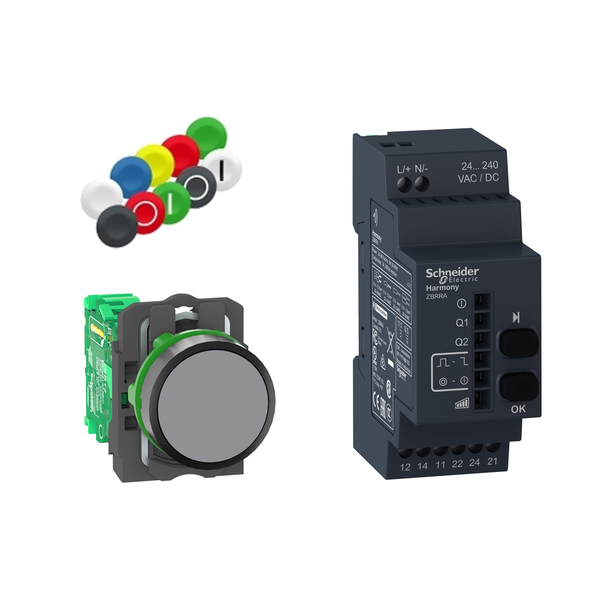 Schneider Electric XB5RFA02 Wireless and batteryless package, Harmony XB5R, Wireless push button and configurable receiver with 10 colored caps, plastic, 22mm, 24...240V AC DC