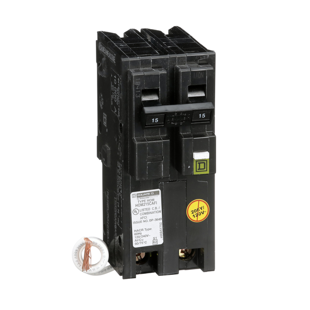 Schneider Electric HOM215CAFIC Mini circuit breaker, Homeline, 15A, 2 pole, 120VAC, 10kA AIR, combo arc fault, pigtail neutral, plug in, UL