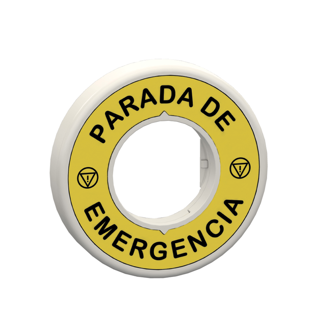 Schneider Electric ZBY9W2M430 Illuminated marked legend ring, Harmony XB5, 60mm, plastic, yellow, red fixed integral LED, marked PARADA DE EMERGENCIA, 230...240V AC