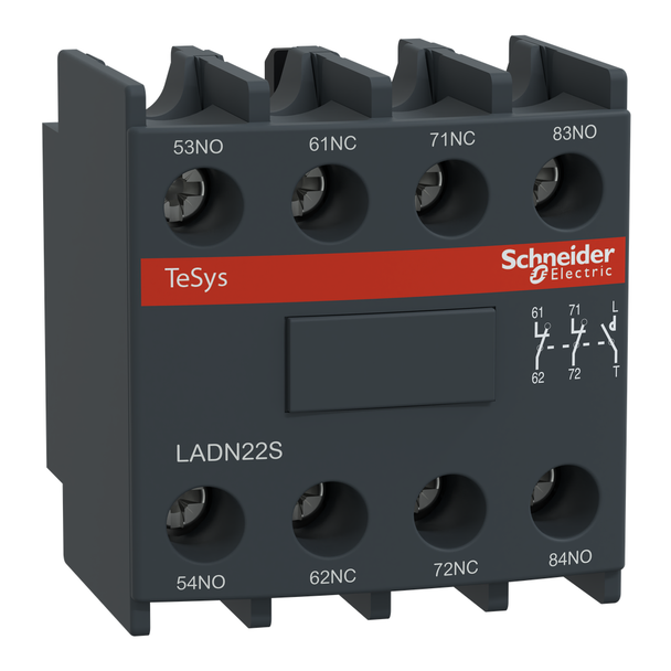 Schneider Electric LADN22S Auxiliary contact block, TeSys Deca, 2NO + 2NC, front mounting, screw clamp terminals, red front face