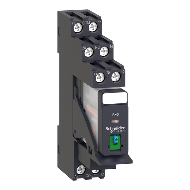 Schneider Electric RXG21BDPV interface plug in relay, Harmony Electromechanical Relays, 5A, 2CO, with LED, pre assembled, lockable test but to n, 24V DC