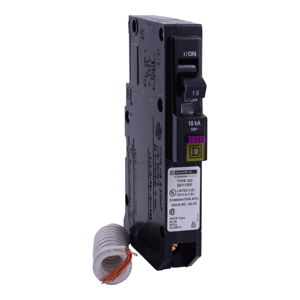 Schneider Electric QO115VHDF Mini circuit breaker, QO, 15A, 1 pole, 120VAC, 22kA, plug in, dual function, pigtail