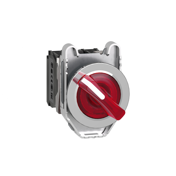 Schneider Electric XB4FK124B5 Illuminated selector switch, Harmony XB4, metal, red handle, 30mm, universal LED, 2 positions, 1NO + 1NC, 24V AC DC