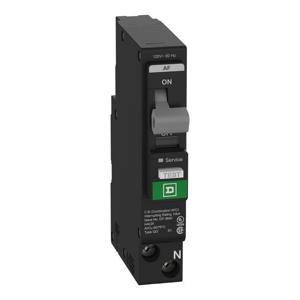 Schneider Electric QO115PAFC Mini circuit breaker, QO, 15A, 1 pole, 120VAC, 10kA, plug in, combo ARC fault, plug on neutral, clam