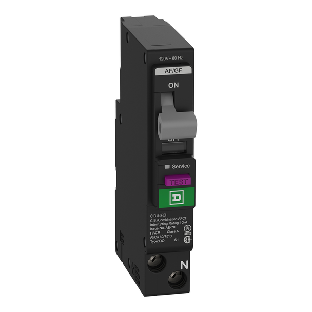 Schneider Electric QO115PAFGF Mini circuit breaker, QO, 15A, 1 pole, 120VAC, 10kA, plug in, combo ARC fault, 6mA grd fault A, plug on neutral