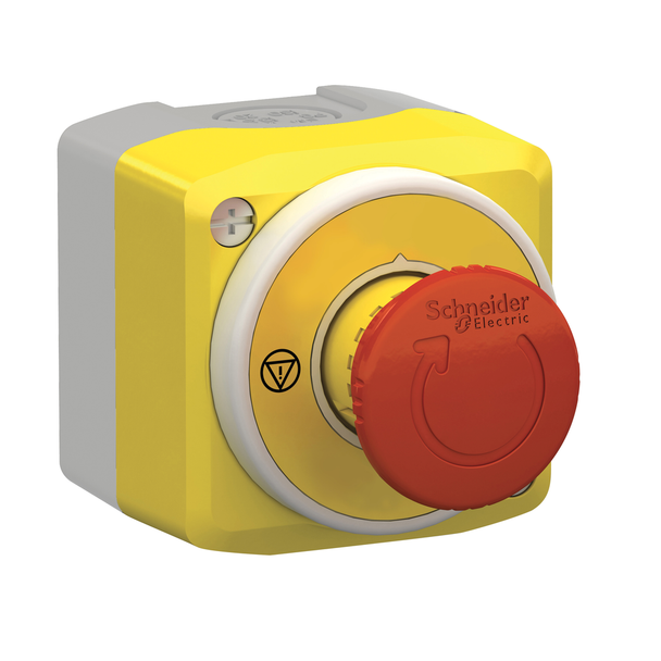 Schneider Electric XALK178W3B140G Control station, Harmony XALD, XALK, plastic, yellow lid, 1 Estop push button 40mm, turn to release, illum ring white red fixed, 1NO 2NC, 24V AC DC